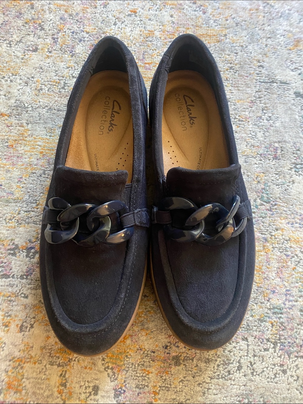 Clarks Navy Suede Chain-Trim Slip-On Loafers